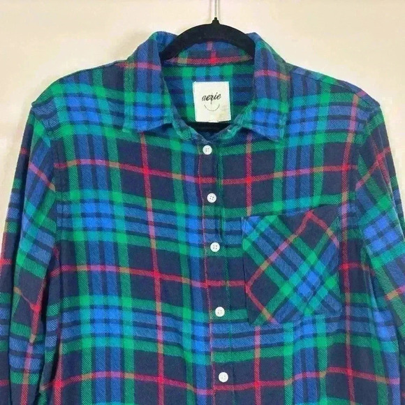 Aerie Plaid Button Down Long Sleeve High Low Shirt - Picture 2 of 8